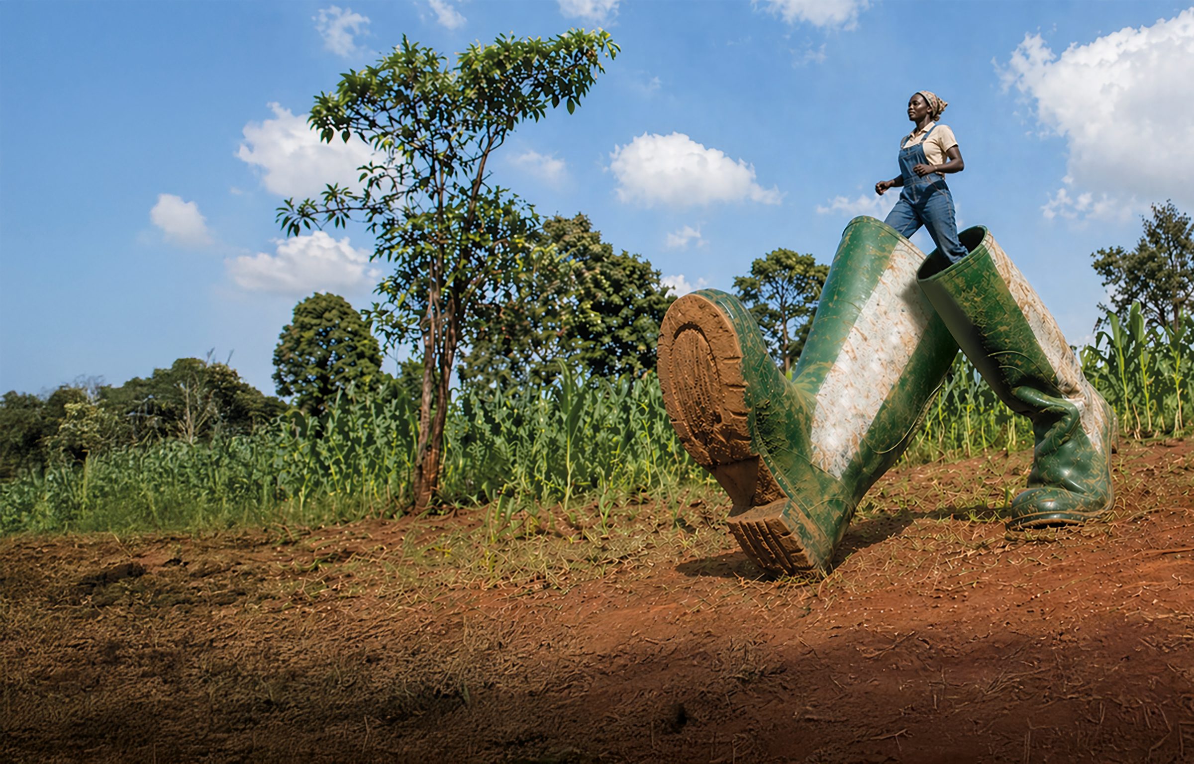Agribusiness entrepreneur taking a big leap forward through a cultivated field